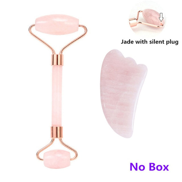 Rose Quartz Roller Facial Massager Powder Crystal Roller Jade Roller Scraper Mask Brush Three-piece Beauty Face-lifting Tool