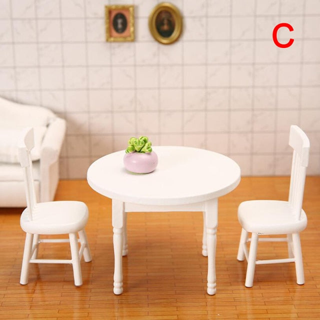 New Arrival 1:12 Dollhouse Miniature Furniture Wooden White Dining Table Chair Model Set Dollhouse Furniture Accessories