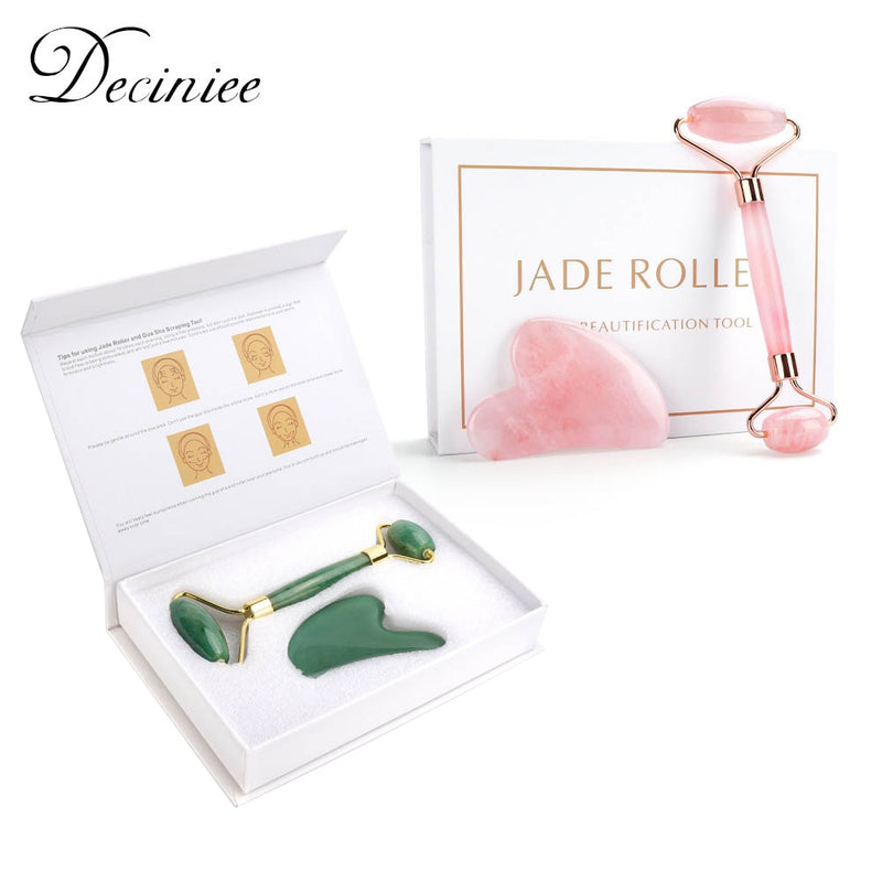 Natural Rose Quartz Jade Roller Gua Sha Set Facial Body Massager Roller Jade Stone Massage Set Face Lifting Beauty Massage Tool