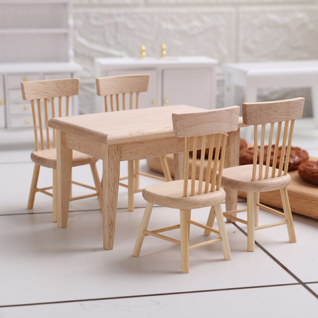 5pcs/set 1/12 Miniature Dollhouse Furniture Birch Wooden Dining Table and Chair Pretend Play Simulation Furniture Toys Set