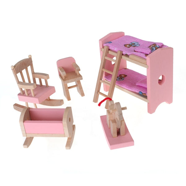 Dollhouse Furniture Wooden Miniature Baby Nursery Room Crib Chair Bed Kids Gift Pink